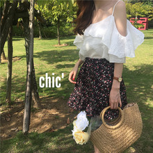 松紧腰碎花半身裙裙裤 夏季chic百搭宽松荷叶边露肩吊带衬衣 韩版