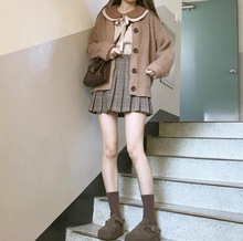 开衫 韩秋季娃娃领蝴蝶结打底衬衫 毛衣外套女 百搭格子百褶半身裙