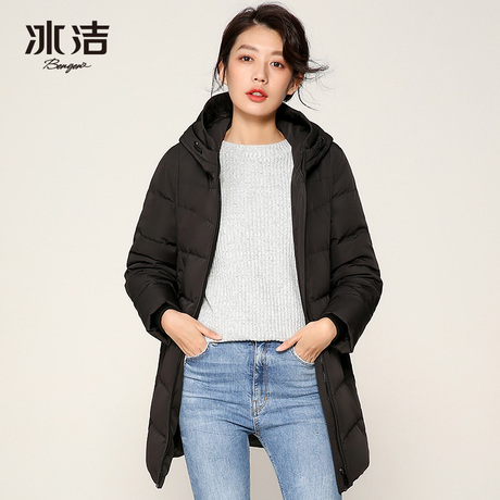 冰洁2018新品中长款冬款羽绒羽绒服女时尚连帽修身J80141006B商品大图