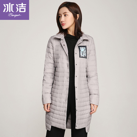冰洁中长款羽绒服女前短后长下摆外套翻领女士时尚轻薄J70130020商品大图