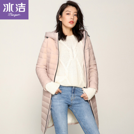 冰洁2018新品连帽中长款羽绒服女纯色修身羽绒外套J80133020商品大图