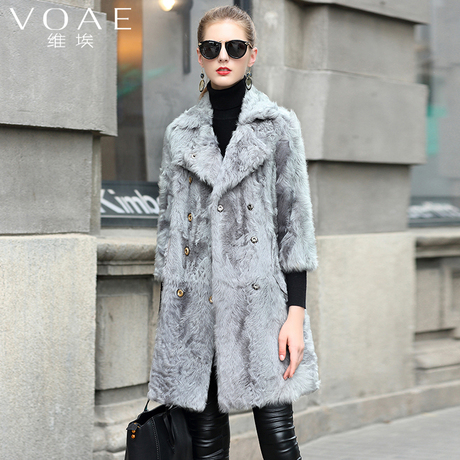 VOAE2018秋冬新款中长款羊羔毛海宁皮草女装外套欧美风大衣双排扣商品大图