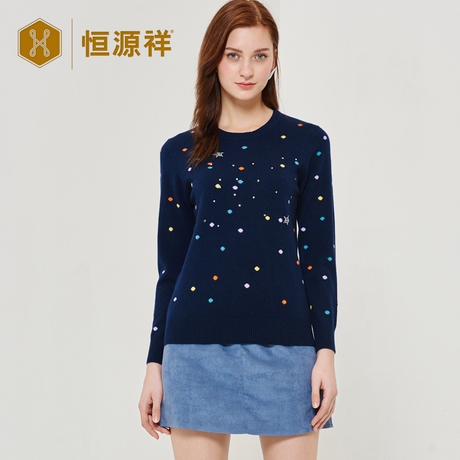 恒源祥2018圆领女士羊绒衫秋冬款时尚百搭嵌花烫钻套头毛衣针织衫商品大图