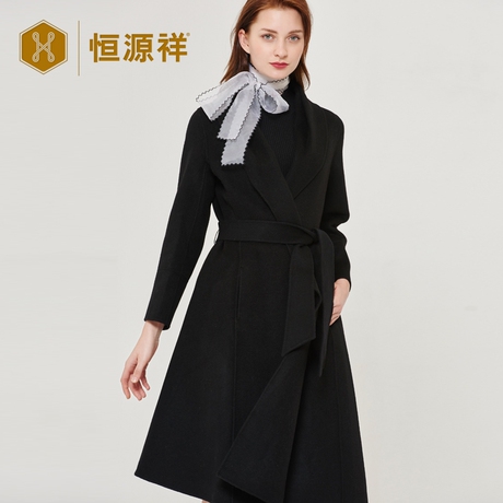 恒源祥女装中长款手工双面呢大衣秋冬款修身系带翻领羊毛呢外套厚商品大图