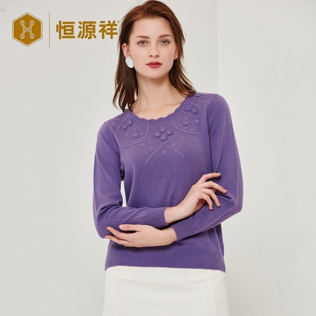 恒源祥2018年秋冬季新款圆领纯羊绒衫保暖舒适妈妈装套头毛衣厚商品大图