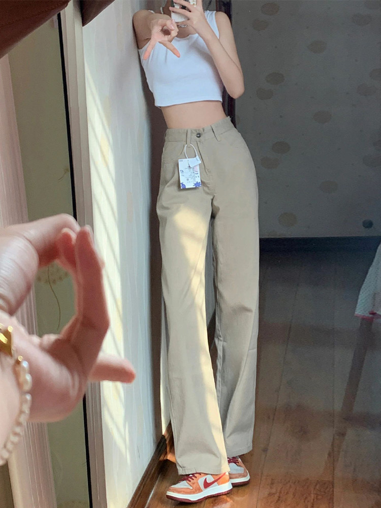 卡其色直筒牛仔裤女秋季新款胖妹妹mm高腰显瘦阔腿裤梨形身材裤子