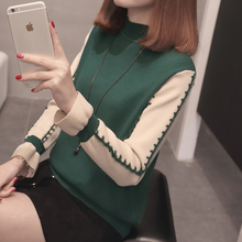 帛衣绣袄2018新款韩版半高领宽松毛衣百搭拼色女装秋冬装图片