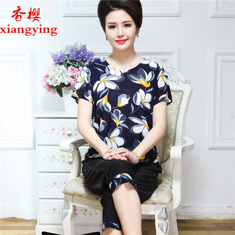 妈妈夏装两件套装新款冰丝时尚短袖T恤大码老人衣服上中老年女装商品大图