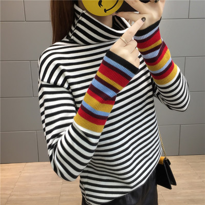 时尚毛衣女春秋装新款套头宽松拼接长袖针织衫冬季保暖条纹打底衫