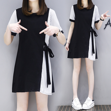 胖妹妹连衣裙夏2018新款加肥加大女装韩版条纹宽松中长款胖mm上衣商品大图