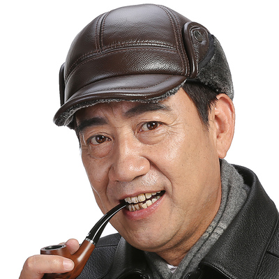 真皮帽子男士中老年人冬天户外休闲牛皮男帽加厚保暖护耳鸭舌棉帽