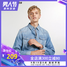 衣218305557 JackJones杰克琼斯春秋潮流直筒刺绣字母休闲牛仔衬衫