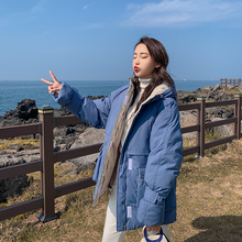 宽松2019新款 冬季加厚韩版 反季棉衣女中长款 雾霾蓝连帽羽绒棉服潮