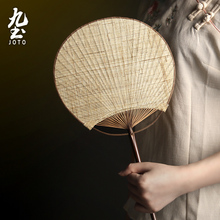 中国风手工棉麻双面圆扇半熟宣纸夏布竹柄古风团扇可代写字夏季扇