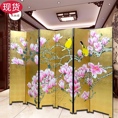 漆画手绘屏风隔断简约新中式背景墙酒店金箔画大玉兰花鸟装饰屏风