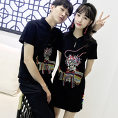 情侣装夏装2018新款qlz刺绣改良旗袍韩版短袖男t恤女修身连衣裙潮