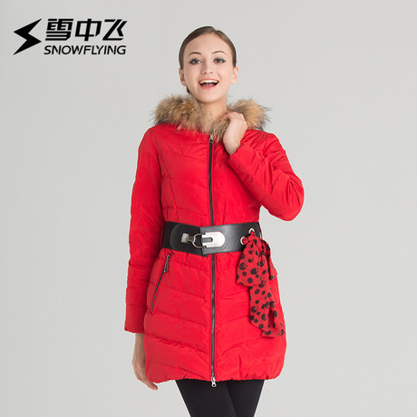 雪中飞羽绒服 女士修身时尚中长款丝巾腰带加厚羽绒外套X1301156S商品大图