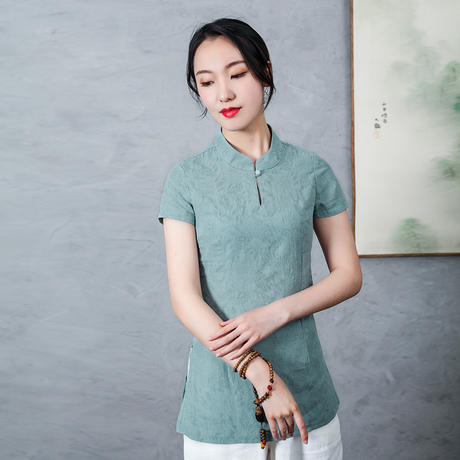 复古中国风唐装立领中式衬衫中式改良短袖旗袍上衣女禅茶服 夏商品大图