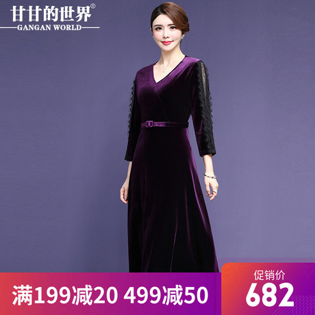 甘甘的世界2018秋装新款金丝绒连衣裙中长款女V领大码中年女装商品大图