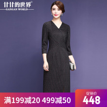 【厚款条纹裙】甘甘的世界2018秋冬新款条纹连衣裙中长V领七分袖图片