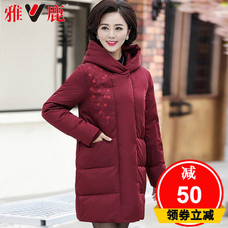 雅鹿中老年羽绒服女中长款2018新款冬装刺绣妈妈装中国风纯色外套商品大图