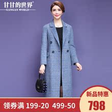 【80%羊毛】甘甘的世界2018秋冬新款西装领格纹毛呢大衣中长款女图片