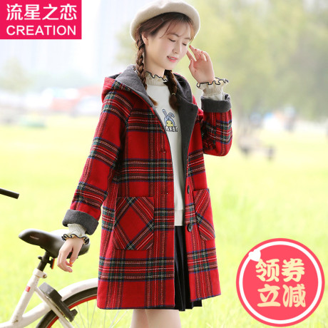 少女韩版格子秋季毛呢大衣新款学院风初中学生冬装呢子外套中长款商品大图