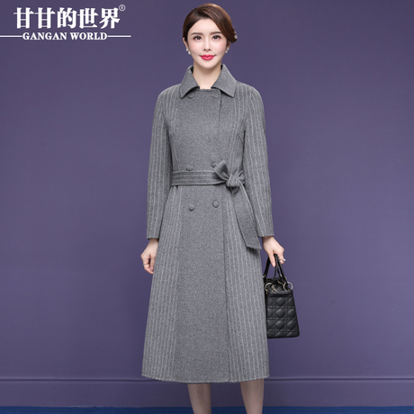 【全羊毛】甘甘的世界秋冬新款双面呢大衣女长款条纹翻领毛呢大衣商品大图
