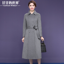 【全羊毛】甘甘的世界秋冬新款双面呢大衣女长款条纹翻领毛呢大衣图片