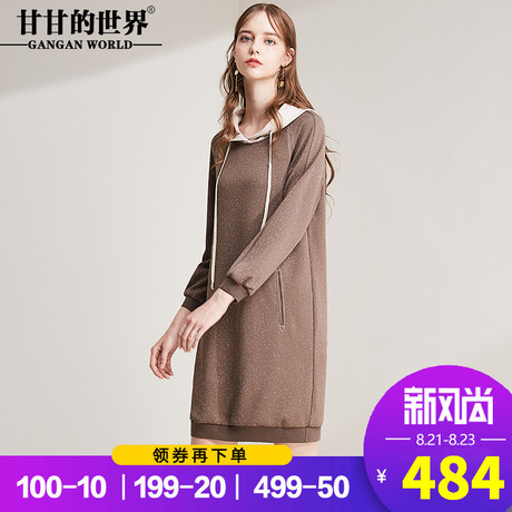 甘甘的世界2018秋装新款女长袖休闲连帽修身中长款中年大码连衣裙商品大图