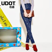 UDOT右道复古多排扣绣花高腰牛仔裤女显瘦小脚裤秋季UU2360图片