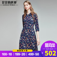 甘甘的世界秋季连衣裙2018新款中长款翻领七分袖印花连衣裙女装图片