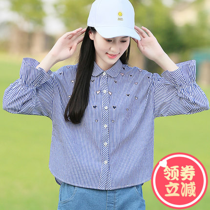 少女韩版条纹衬衫中长款2017春秋新款初中生秋装中学生学院风衬衣商品大图