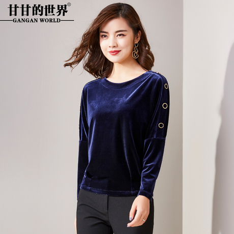 上衣女甘甘的世界2018秋装新款金丝绒长袖休闲衬衫蝙蝠袖T恤衫商品大图