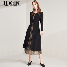 甘甘的世界2018秋装新款女长袖假两件v领南韩丝收腰长款连衣裙图片