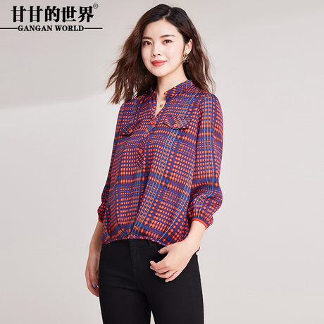 衬衫女甘甘的世界2018秋装新款格子衫七分袖T恤V领小衫休闲上衣女商品大图