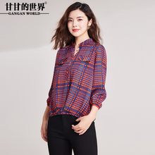 衬衫女甘甘的世界2018秋装新款格子衫七分袖T恤V领小衫休闲上衣女图片