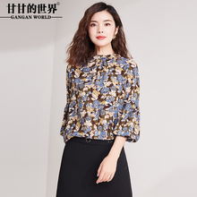 衬衫女甘甘的世界2018秋装新款印花小衫七分袖T恤圆领上衣女泡袖图片