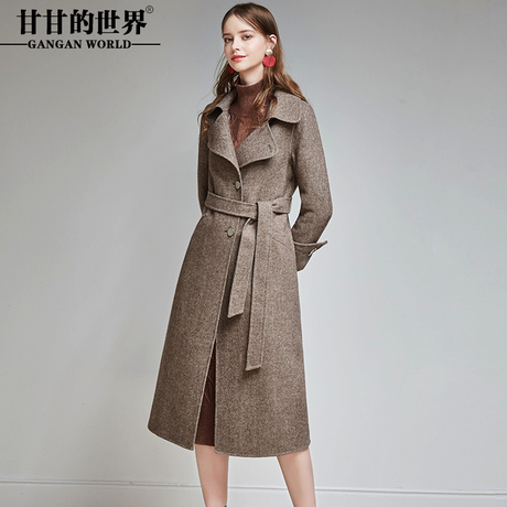 甘甘的世界2018秋冬新款毛呢外套女格子长袖宽松中长款双面呢大衣商品大图
