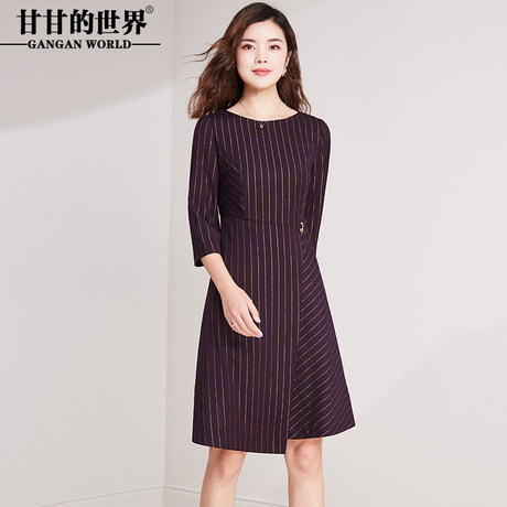 甘甘的世界2018秋装新品时尚条纹连衣裙女立体裁剪中年大码女装商品大图