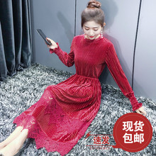 红色蕾丝金丝绒连衣裙2018新款女装春装韩版中长款潮丝绒裙子女春图片