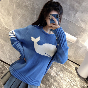 tb纯棉针织衫2019秋季新款蓝色鲸鱼印花男女同款情侣圆领套头毛衣