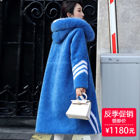 海宁羊剪绒大衣狐狸毛连帽羊毛皮草外套女装长款2018冬季新款宽松商品大图