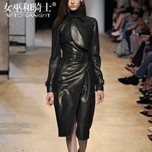 2018冬装新款女装欧洲站时尚长袖黑色皮衣外套女中长款修身风衣潮图片