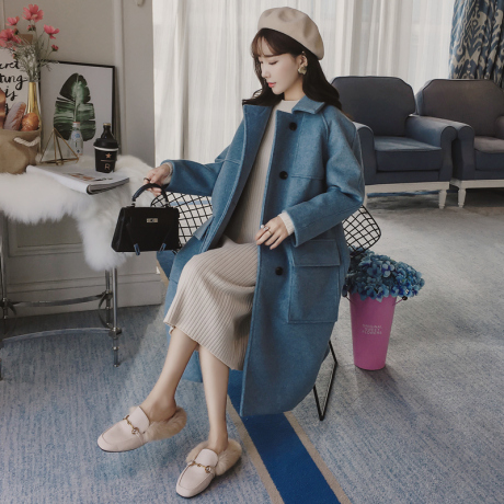 毛呢外套2018韩版冬季新款中长款女装宽松茧型翻领雾霾蓝呢料大衣商品大图