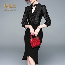 莎杜兰2018秋冬新款提花拼罗马连衣裙女显瘦包臀气质鱼尾裙30938