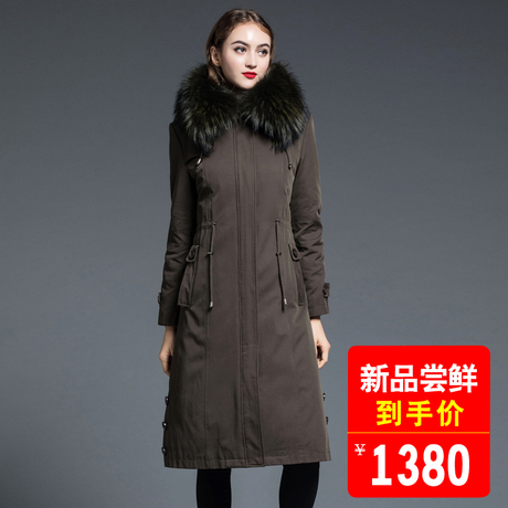 2018新款冬季中长款派克服可拆卸獭兔毛皮草内胆派克大衣女装外套商品大图