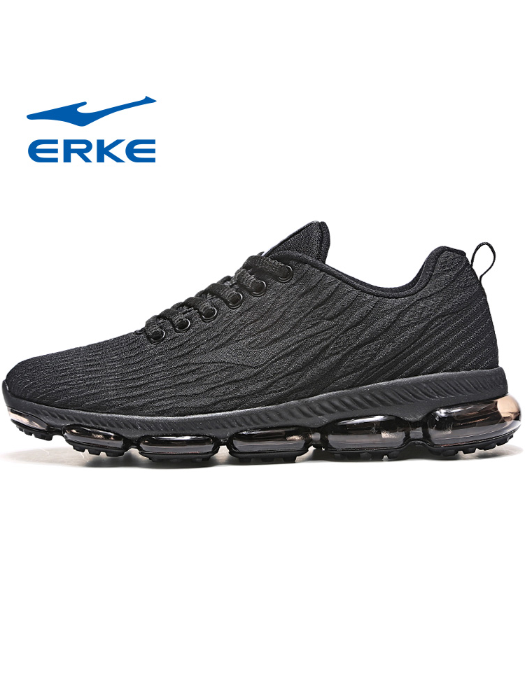 ERKE Air Cushion Men's Shoes Winter Running Shoes Breathable Mesh Soft Sole All Black Casual Sneakers Men