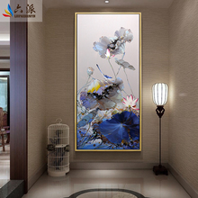 饰油画竖版新中式走廊过道背景墙面壁挂画 六派荷花现代简约玄关装