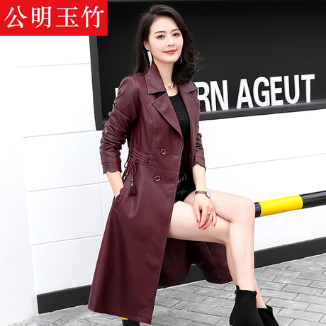 2018新款女装春装韩版收腰修身显瘦PU皮风衣女长款过膝外套春秋款商品大图